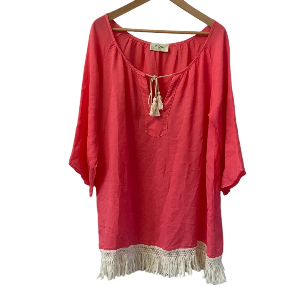 WOO Coral Cotton Fringe Trim Kaftan Tunic
